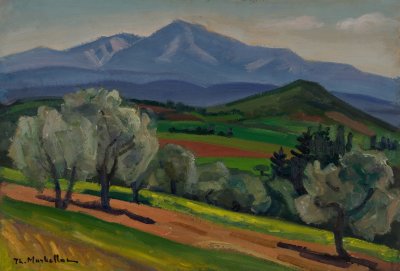 Attic Landscape — Oil painting, Fiberboard, 36.00×51.00cm — Theodoros Markellos